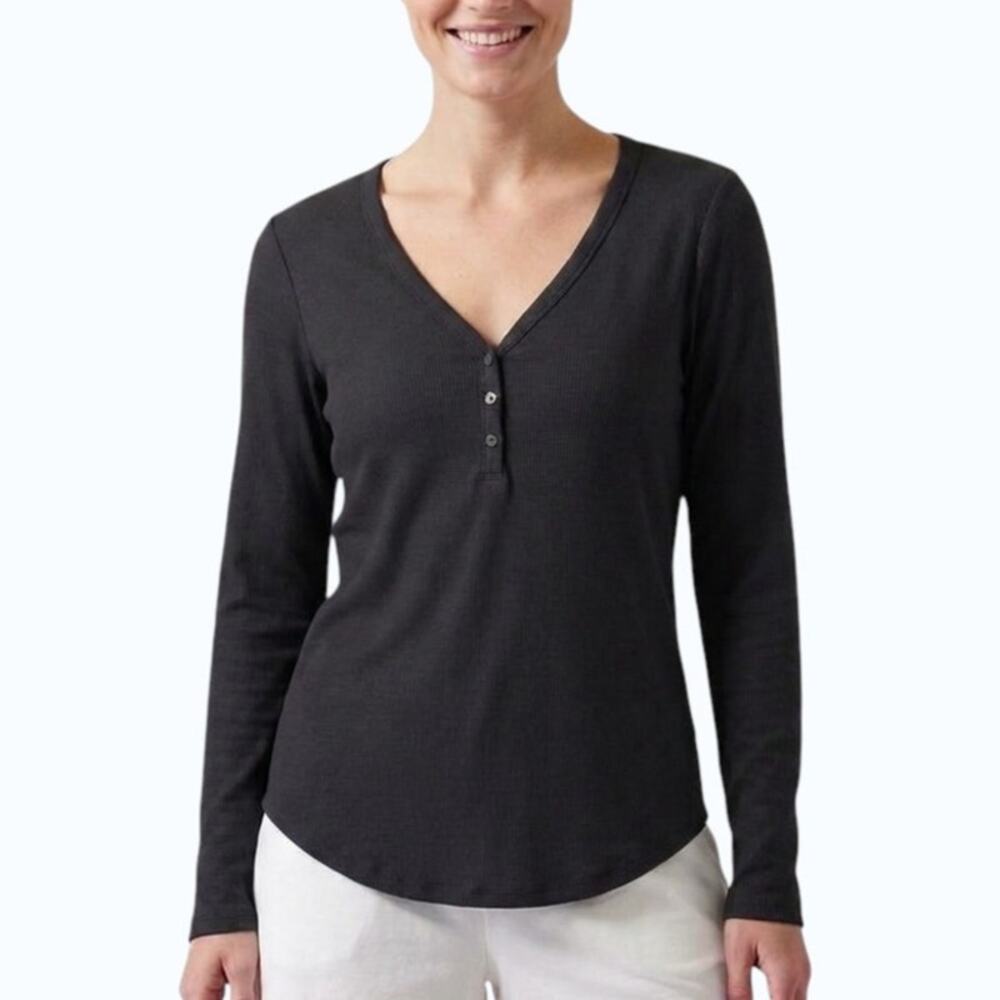 Athleta Wind Down Sleep Top Black Ribbed Henley Women Size L NWT